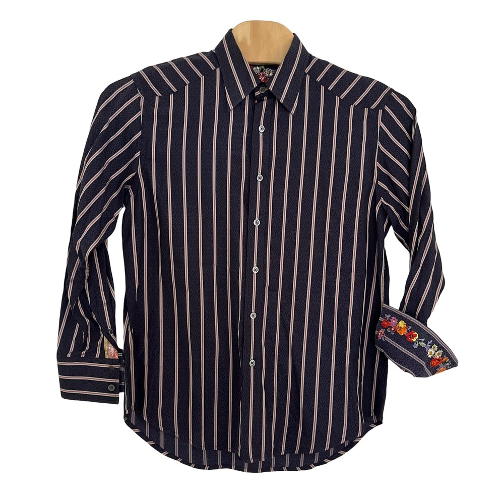Robert Graham Button Down Shirt Mens L Navy Blue Good Striped Floral Embroidery